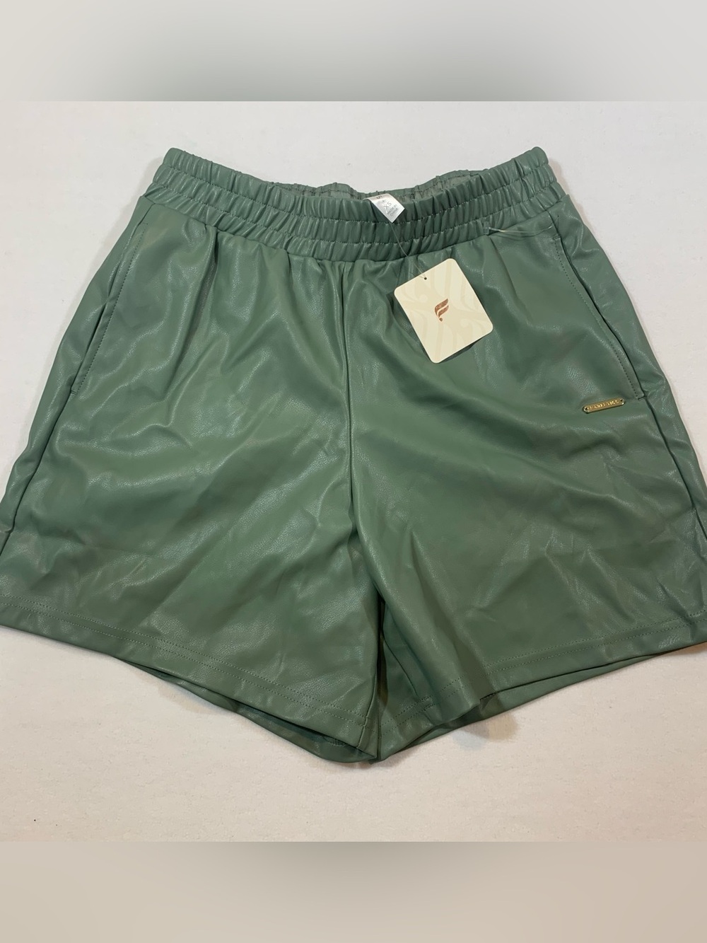 NWT Fabletics Vegan Faux Leather Shorts XS Smoke Green High Waist Logo New